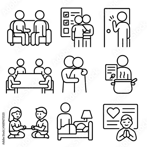 Family Respect Icons. Outline style icon of Family Respect Moments: listening couch, shared chore list, privacy door knock, family