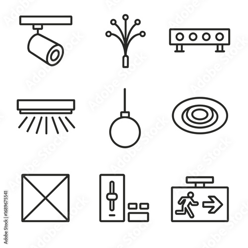 Museum Lighting Icons. Outline style icon of Museum Lighting Fixtures: track spotlight, fiber-optic head, LED wash bar, wall