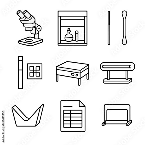 Conservation Lab Icons. Outline style icon of Conservation Lab Tools: stereo microscope, solvent fume hood, micro spatula, cotton