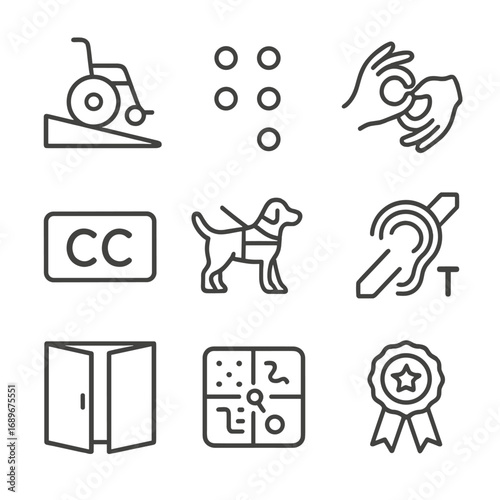 Accessibility Icons Grid. Outline style icon of Accessibility Inclusion: wheelchair ramp, braille sign, sign-language hand,