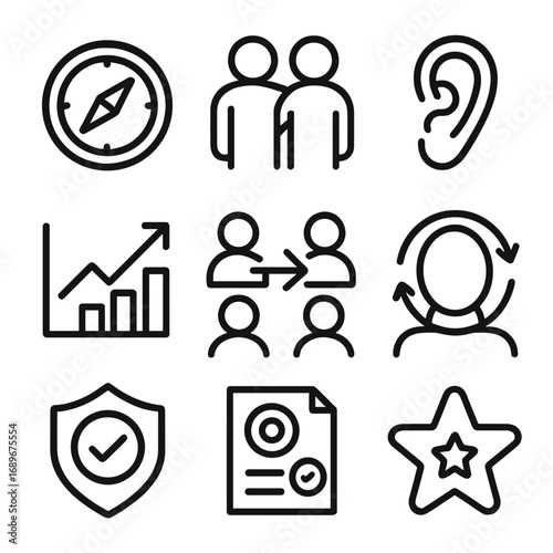 Mentorship Symbols Icon. Outline style icon of Mentor–Mentee Respect: guidance compass, listening ear, growth chart, skill