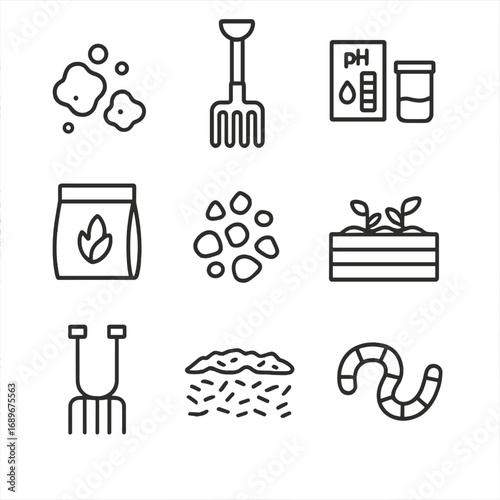 Clay Soil Gardening Essentials. Outline style icon of Clay Soil Gardening: soil crumb, compost fork, pH kit, gypsum bag, drainage