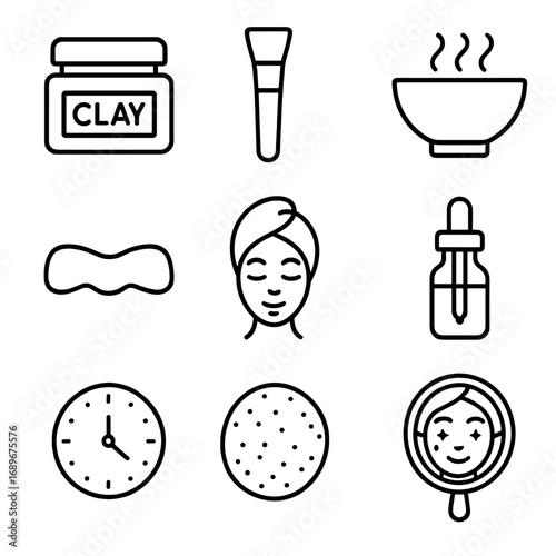 Clay Skincare Essentials. Outline style icon of Clay Facial Skincare: clay mask jar, applicator brush, steaming bowl, pore strip,