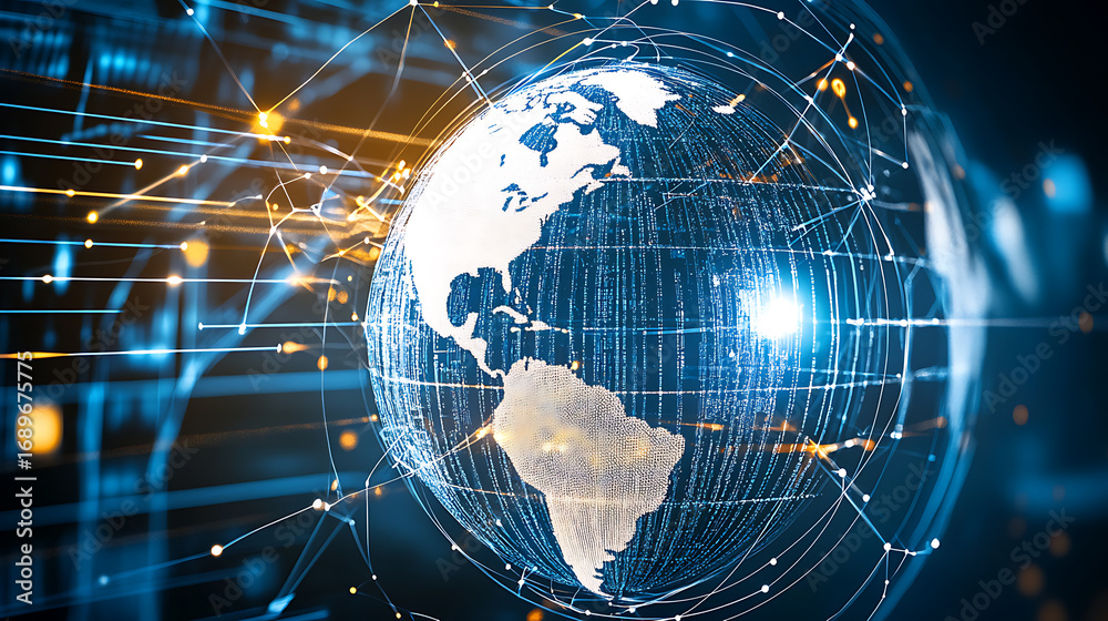 Obraz premium Global Network Connections: A Digital World Map with Interlinking Data Streams