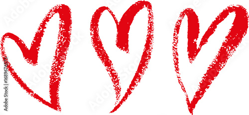 Red hearts made with brush strokes. Visible effect of dry brush on textured paper. Symbol of love and Valentine`s day. Vector element for holiday design, isolated on white.