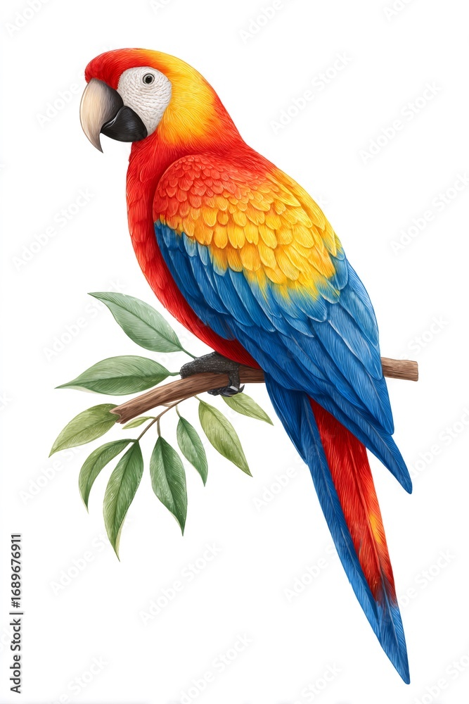 Naklejka premium Scarlet macaw perching on branch with lush green leaves