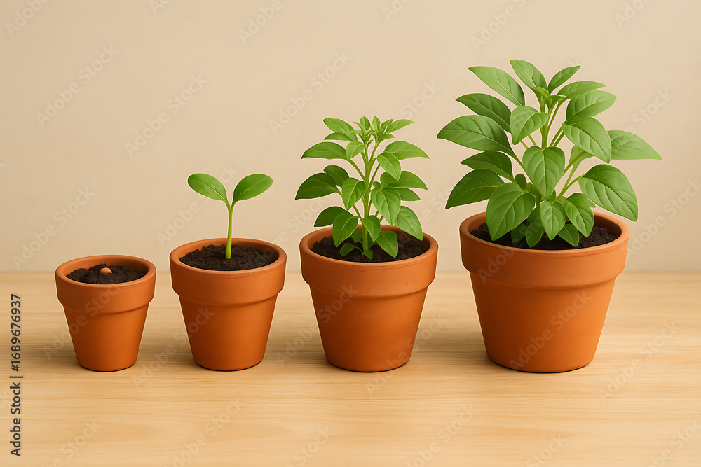 Fototapeta premium Four potted plants showing growth stages from seedling to mature plant.
