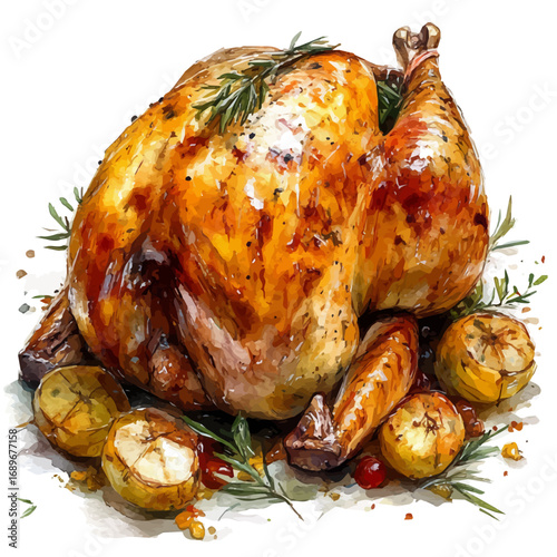 Turkey Roast, watercolor drawing vector, isolated on a white background.