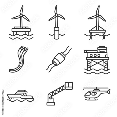 Offshore Wind Farm Elements. Outline style icon of Offshore Wind Farm Elements: floating platform, spar foundation, tension leg