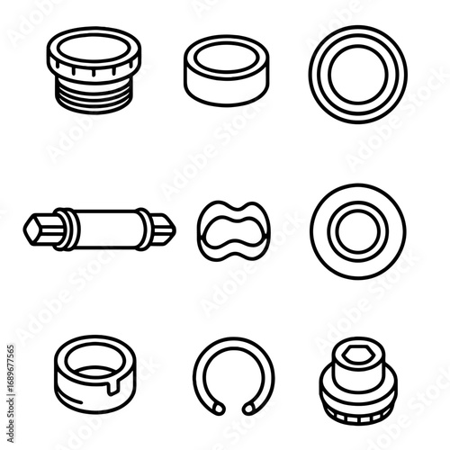 Bottom Bracket Components. Outline style icon of Bottom Bracket Families: BSA cup, press-fit shell, BB30 bearing, spindle axle,