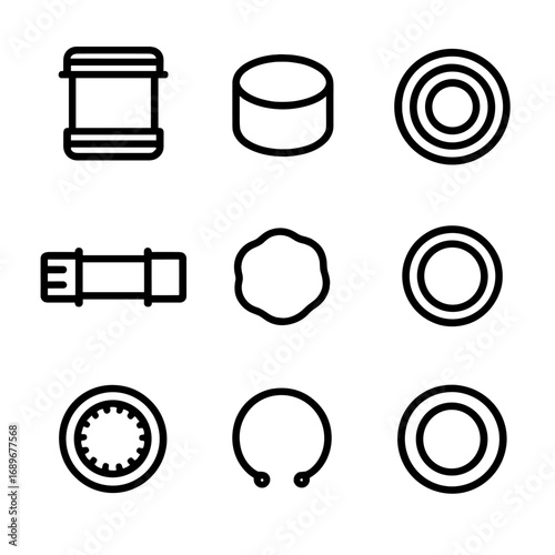 Bottom Bracket Components. Outline style icon of Bottom Bracket Families: BSA cup, press-fit shell, BB30 bearing, spindle axle,