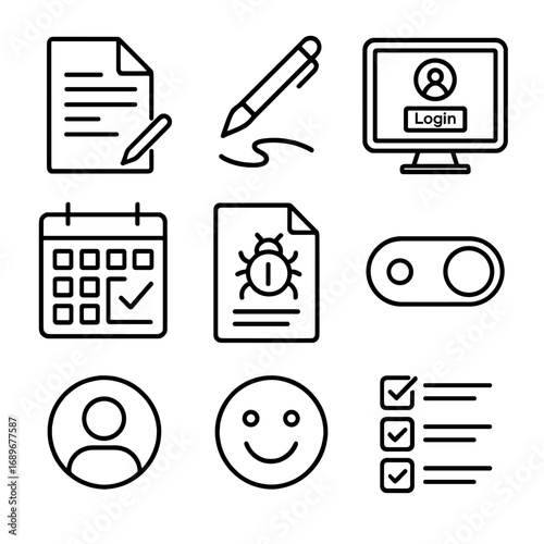UAT Icon Elements. Outline style icon of User Acceptance Testing: business requirement doc, sign-off pen, sandbox login, UAT