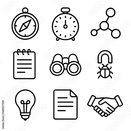 Exploratory Testing Icons. Outline style icon of Exploratory Testing Session: charter compass, timebox timer, mind map node, note