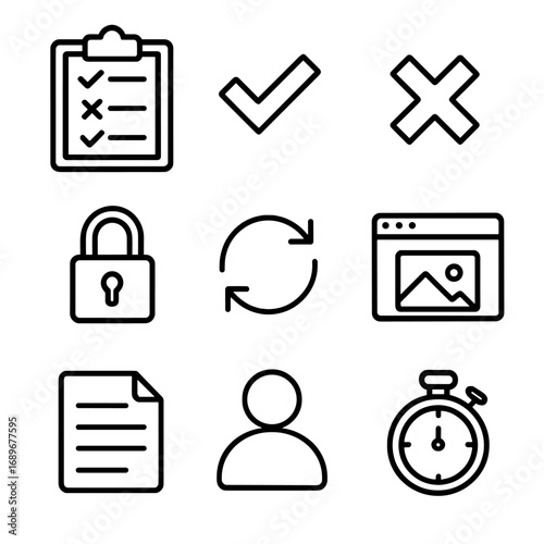 Manual Testing Icons. Outline style icon of Manual Test Execution: checklist clipboard, pass tick mark, fail cross mark, blocked