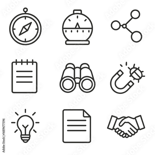 Exploratory Testing Icons. Outline style icon of Exploratory Testing Session: charter compass, timebox timer, mind map node, note