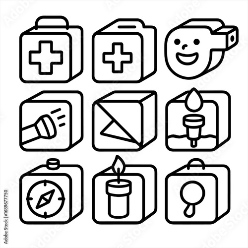 Modular Cube Icons. Outline style icons of Modular Cube: emergency kit cube, first-aid supply cube, whistle face cube, flashlight