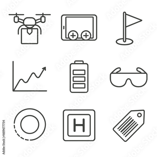Mobile Workforce Icons. Outline style icons of Mobile Workforce: drone delivery box, controller tablet, waypoint flag, altitude