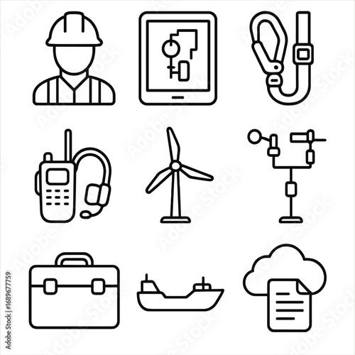 Mobile Workforce Icons. Outline style icons of Mobile Workforce: offshore engineer helmet, tablet schematic, safety harness clip,