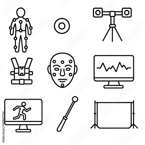 Motion-Capture Tools. Outline style icons of Model Casting: motion-capture suit, sensor dot sticker, 3D tracking rig, body rig