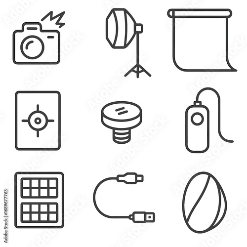 Model Casting Icons. Outline style icons of Model Casting: high-speed camera flash, softbox light stand, backdrop paper roll,