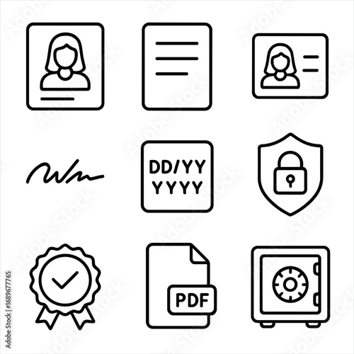 Casting Icons Outline. Outline style icons of Model Casting: model release form, legal text page, ID photo thumbnail, witness