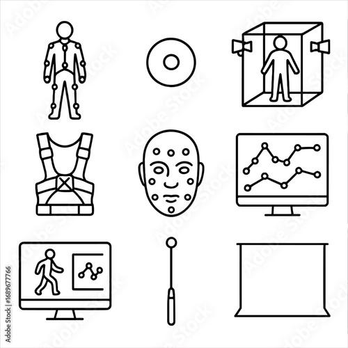 Motion-Capture Tools. Outline style icons of Model Casting: motion-capture suit, sensor dot sticker, 3D tracking rig, body rig