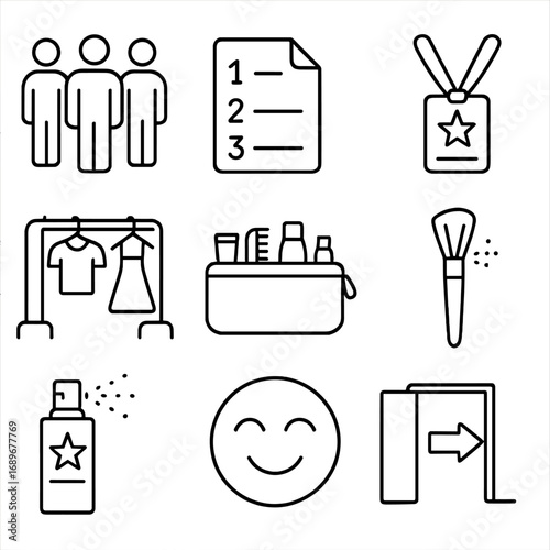 Model Casting Icons. Outline style icons of Model Casting: audition waiting line, numbered call sheet, backstage pass lanyard,