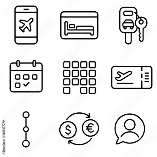 Travel App Icons. Outline style icons of Mobile App: travel booking plane, hotel bed card, car rental key, date picker calendar,