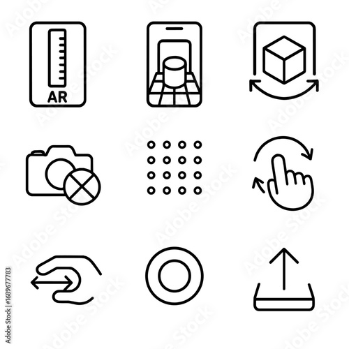 Mobile App Icon Set. Outline style icons of Mobile App: AR measurement ruler, object placement grid, 3D cube preview, camera