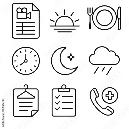 Model Casting Icons. Outline style icons of Model Casting: shooting day call sheet, sunrise icon, lunch break plate, golden hour