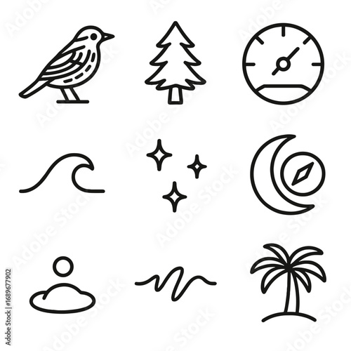 Migratory Bird Icons. Outline style icons of Migratory Birds: blackpoll warbler, boreal spruce tip, fat reserve gauge, Atlantic