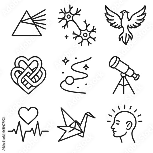 Mind Expansion Icons. Outline style icons of Mind Expansion: prism spectral trail, neuronal synapse jump, rising phoenix bird,