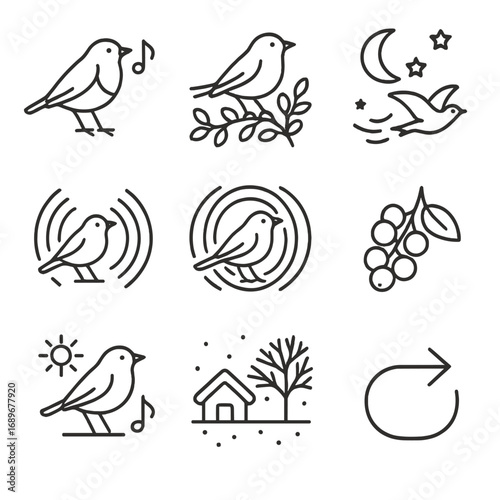 Migratory Birds Icons. Outline style icons of Migratory Birds: European robin song, hedge row stopover, nighttime star path,
