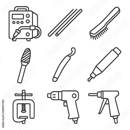 Metalworking Tool Icons. Outline style icons of Metalworking Tool: AC TIG welder, aluminum filler rod, stainless brush, carbide