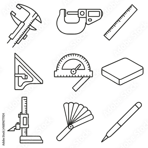 Metalworking Tool Icons. Outline style icons of Metalworking Tool: caliper gauge, digital micrometer, steel ruler, combination