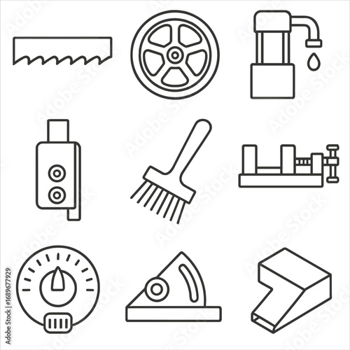Metalworking Tool Icons. Outline style icons of Metalworking Tool: metal bandsaw blade, tension wheel, blade guide, coolant pump,