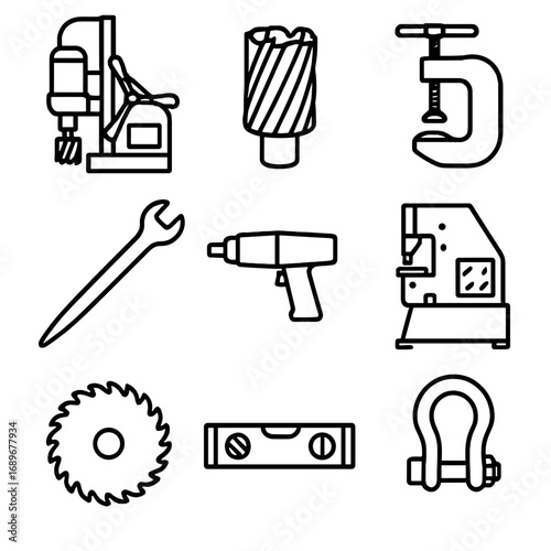 Metalworking Tool Icons. Outline style icons of Metalworking Tool: magnetic drill base, annular cutter, beam clamp, spud wrench,