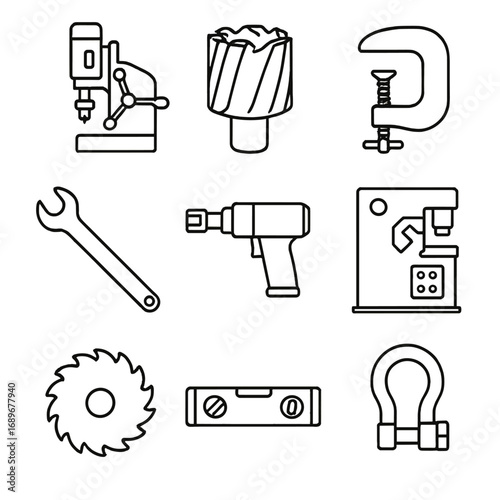 Metalworking Tool Icons. Outline style icons of Metalworking Tool: magnetic drill base, annular cutter, beam clamp, spud wrench,