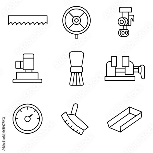 Metalworking Tool Icons. Outline style icons of Metalworking Tool: metal bandsaw blade, tension wheel, blade guide, coolant pump,