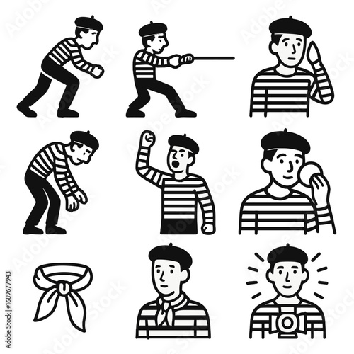 Mime Icons Collection. Outline style icons of Mime: pulling heavy load, tension line tug, sweating brow drop, hunched back curve,
