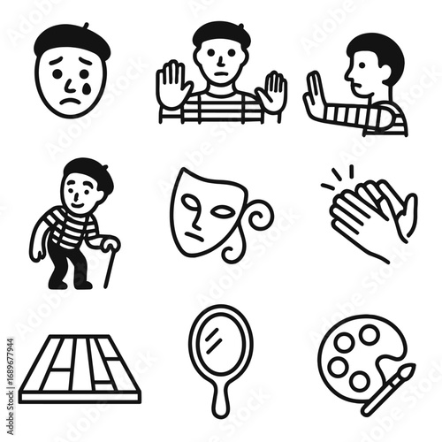 Mime Icon Collection. Outline style icons of Mime: lonely tear drop, invisible wall press, flat palm push, mimed walking cane,
