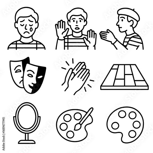 Mime Icon Collection. Outline style icons of Mime: lonely tear drop, invisible wall press, flat palm push, mimed walking cane,