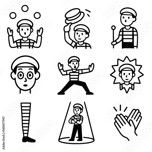 Mime Icon Showcase. Outline style icons of Mime: juggling balls arc, spinning hat trick, balanced cane tip, wide eyes amaze, split