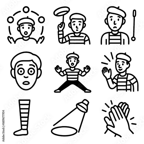 Mime Icon Showcase. Outline style icons of Mime: juggling balls arc, spinning hat trick, balanced cane tip, wide eyes amaze, split