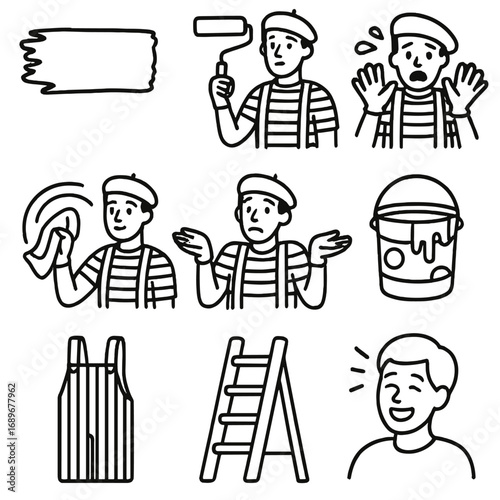 Mime Paint Icons. Outline style icons of Mime: white wall paint stroke, roller brush mime, spill drip panic, cleaning rag swirl,