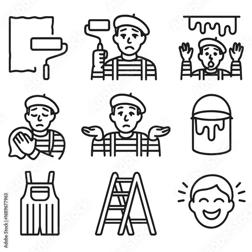 Mime Paint Icons. Outline style icons of Mime: white wall paint stroke, roller brush mime, spill drip panic, cleaning rag swirl,