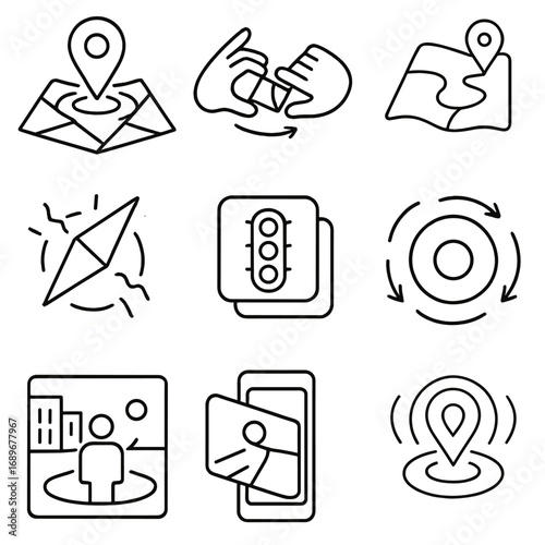 Map Interaction Icons. Outline style icons of Microinteraction: map pin drop ripple, pinch rotate map, route highlight glow,