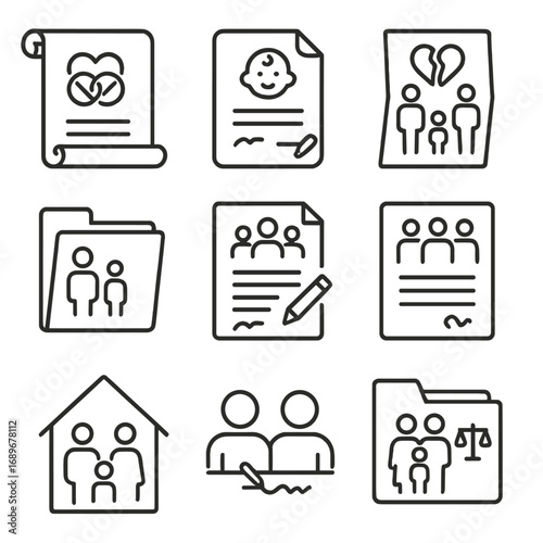 Marriage Documents Icons. Line style icons of marriage and family-related documents: marriage certificate scroll, birth