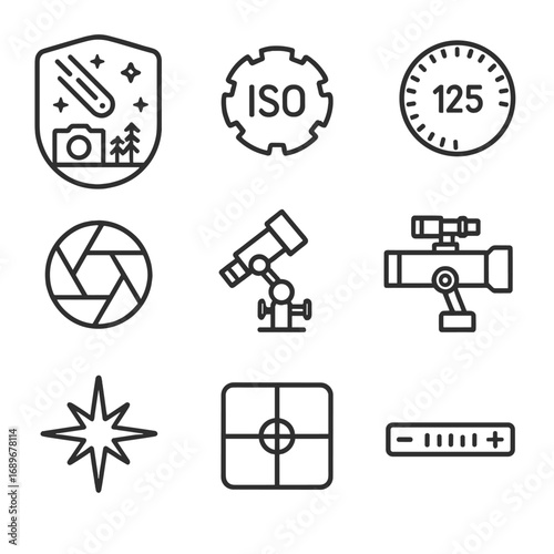 Meteor Shower Icons. Outline style icons of Meteor Shower: astrophotography badge, ISO setting dial, shutter speed wheel, aperture