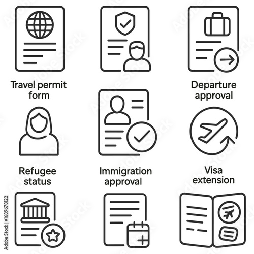 Travel Document Icons. Line style icons of travel and immigration documents: travel permit form, border entry certificate, customs